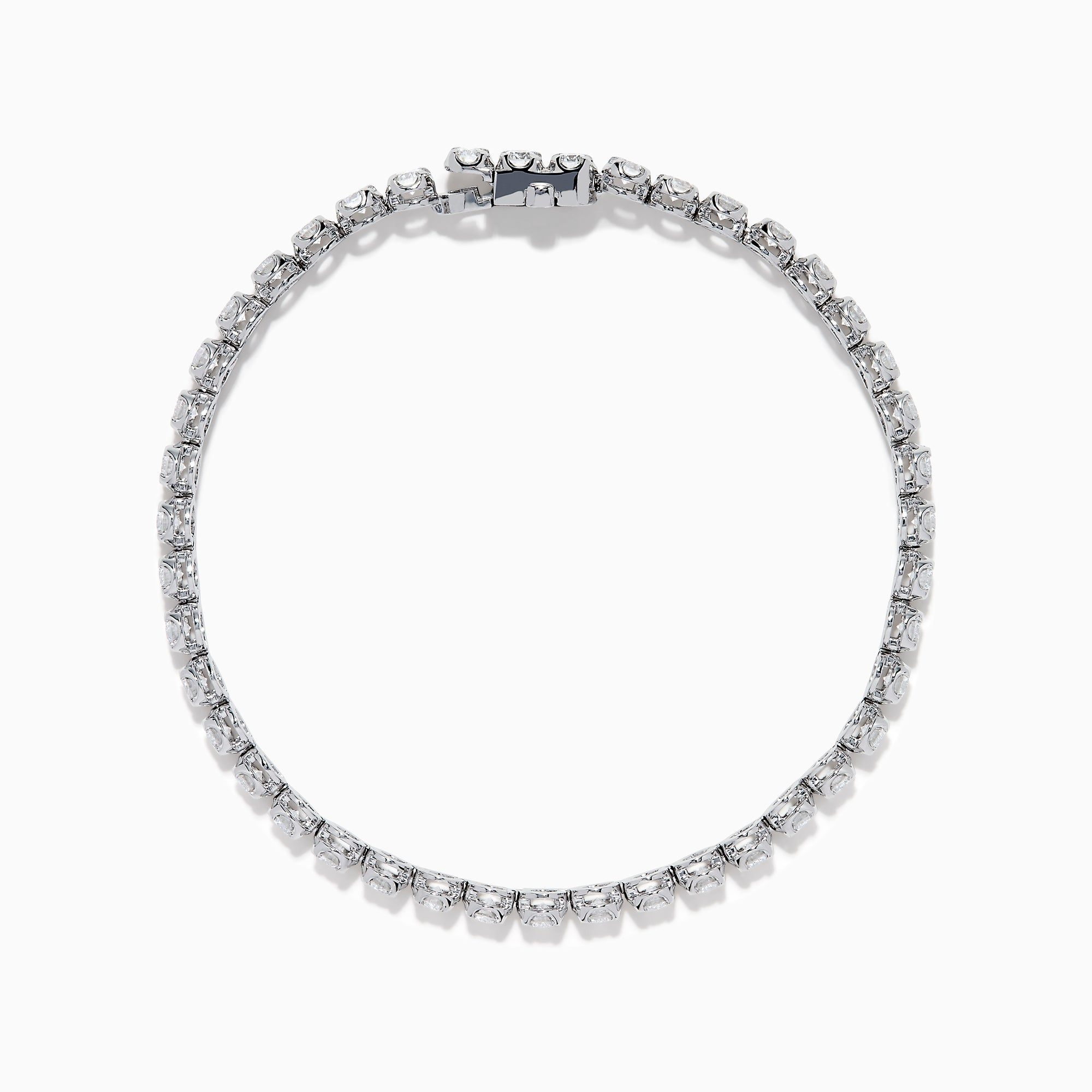 The Lab Grown Round Diamond 5.00ct Cupcake Setting Tennis Bracelet in 14K White Gold features a slender band adorned with a continuous row of sparkling lab grown diamonds.