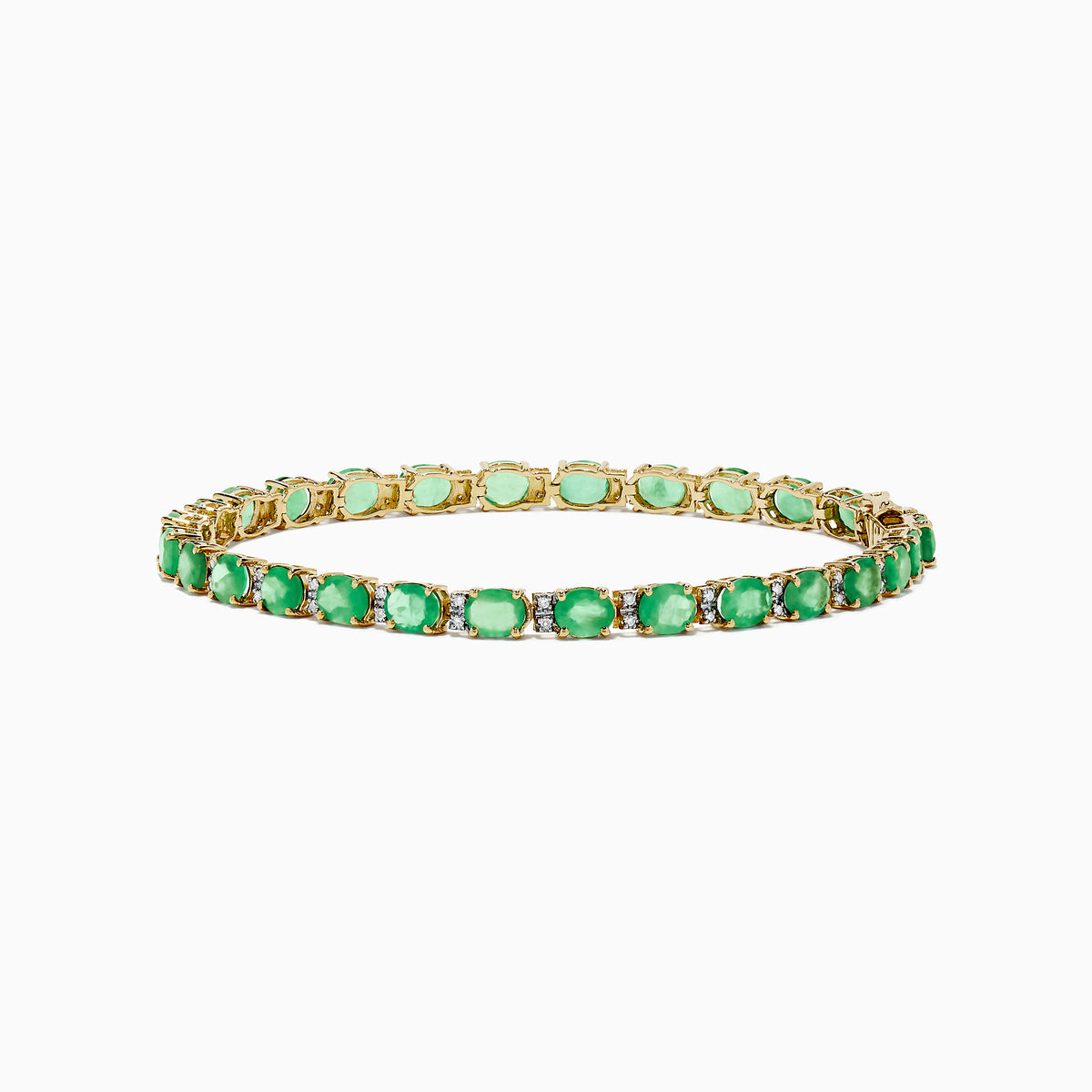 A 14K yellow gold tennis bracelet featuring oval emeralds and diamonds, totaling 9.56 TCW, displayed on a white background.