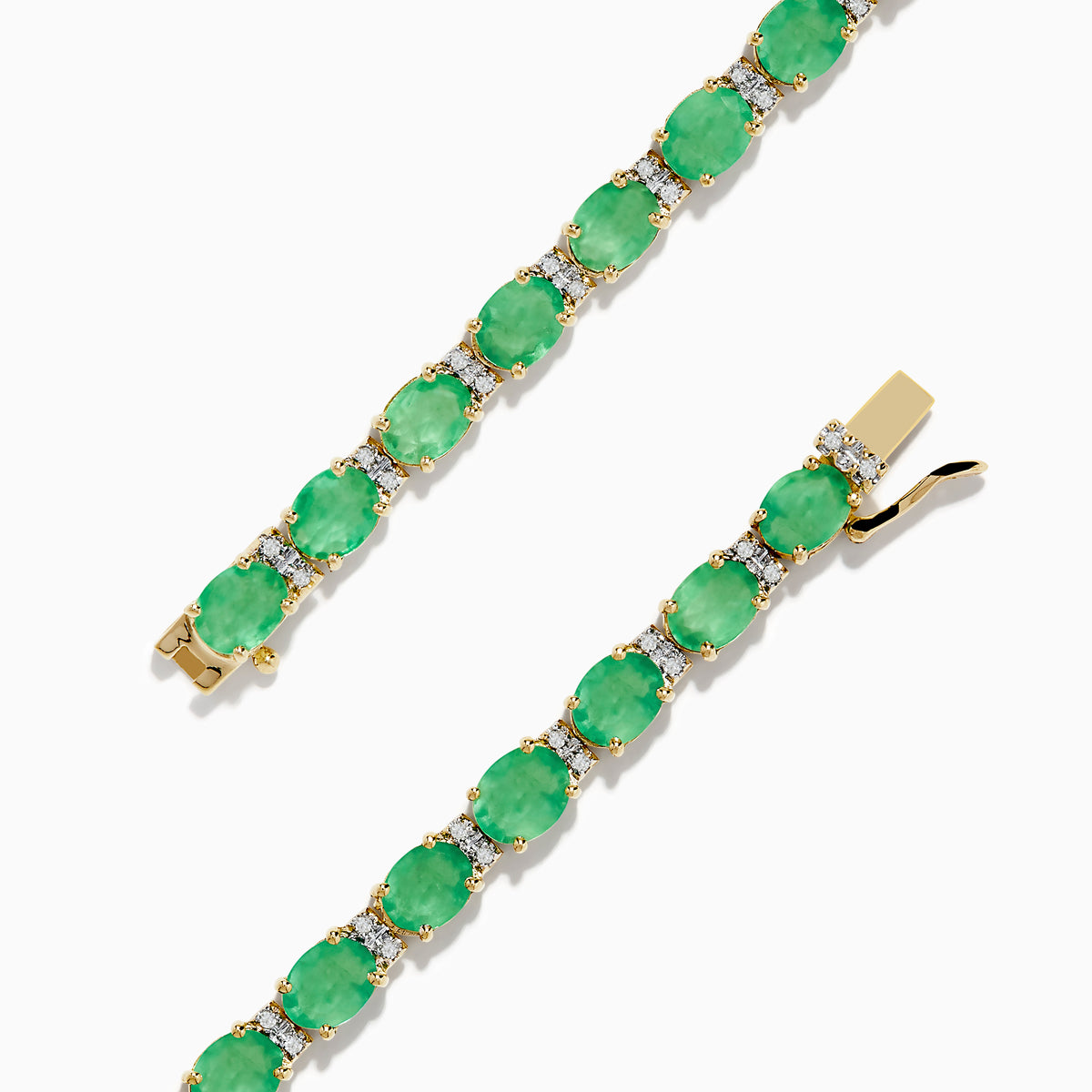 A 14K yellow gold tennis bracelet featuring oval emeralds and diamonds, totaling 9.56 TCW, displayed on a white background.