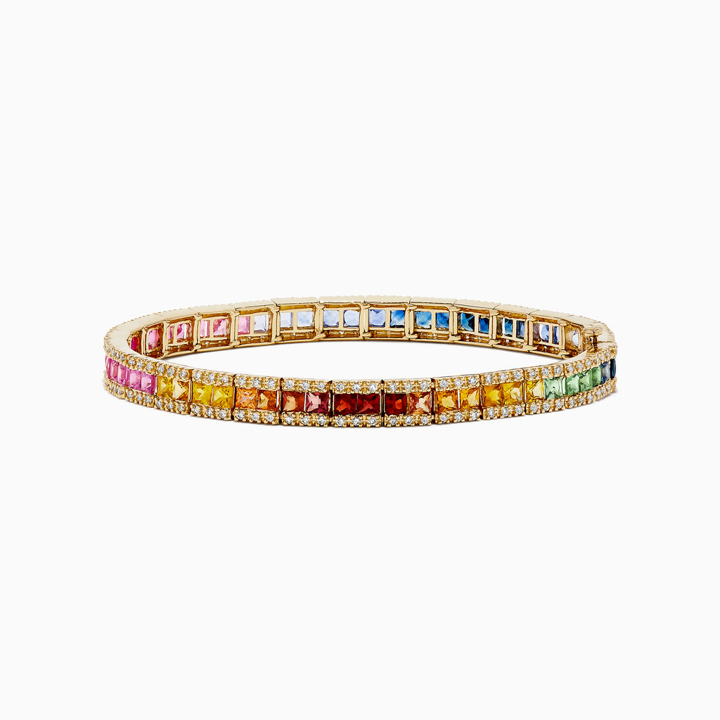 The Watercolors Sapphire and Diamond Bracelet, 9.16 TCW, showcases two rows: one sparkling with diamonds and the other with sapphires and multicolored gems in a rainbow gradient set in a continuous loop.