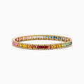 The Watercolors Sapphire and Diamond Bracelet, 9.16 TCW, showcases two rows: one sparkling with diamonds and the other with sapphires and multicolored gems in a rainbow gradient set in a continuous loop.