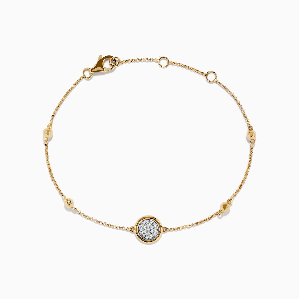 Novelty 14K Yellow Gold Diamond Bracelet, 0.09 TCW, features a central round pendant with sparkling diamonds, gold bead accents along the chain, and a secure lobster clasp closure.