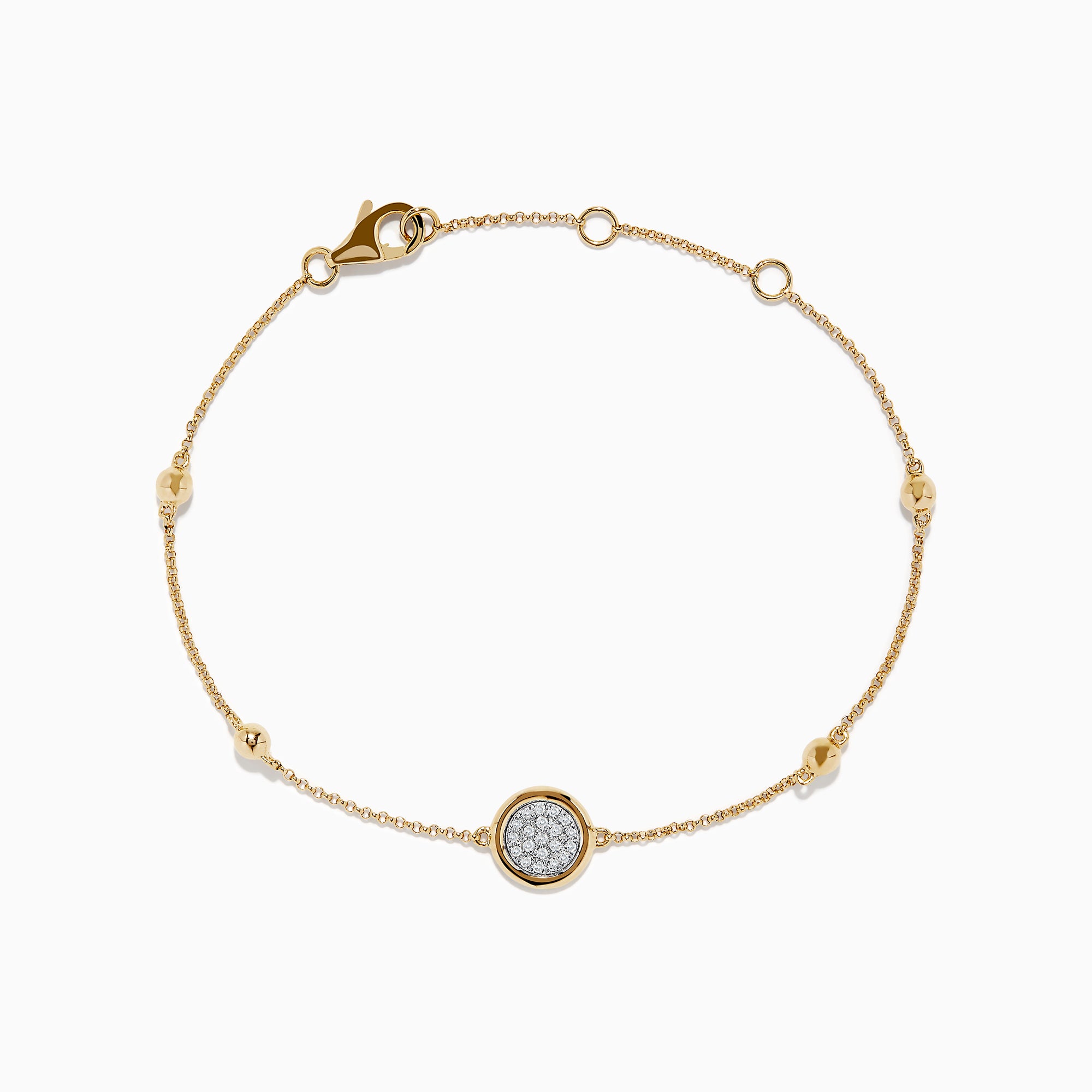 Novelty 14K Yellow Gold Diamond Bracelet, 0.09 TCW, features a central round pendant with sparkling diamonds, gold bead accents along the chain, and a secure lobster clasp closure.