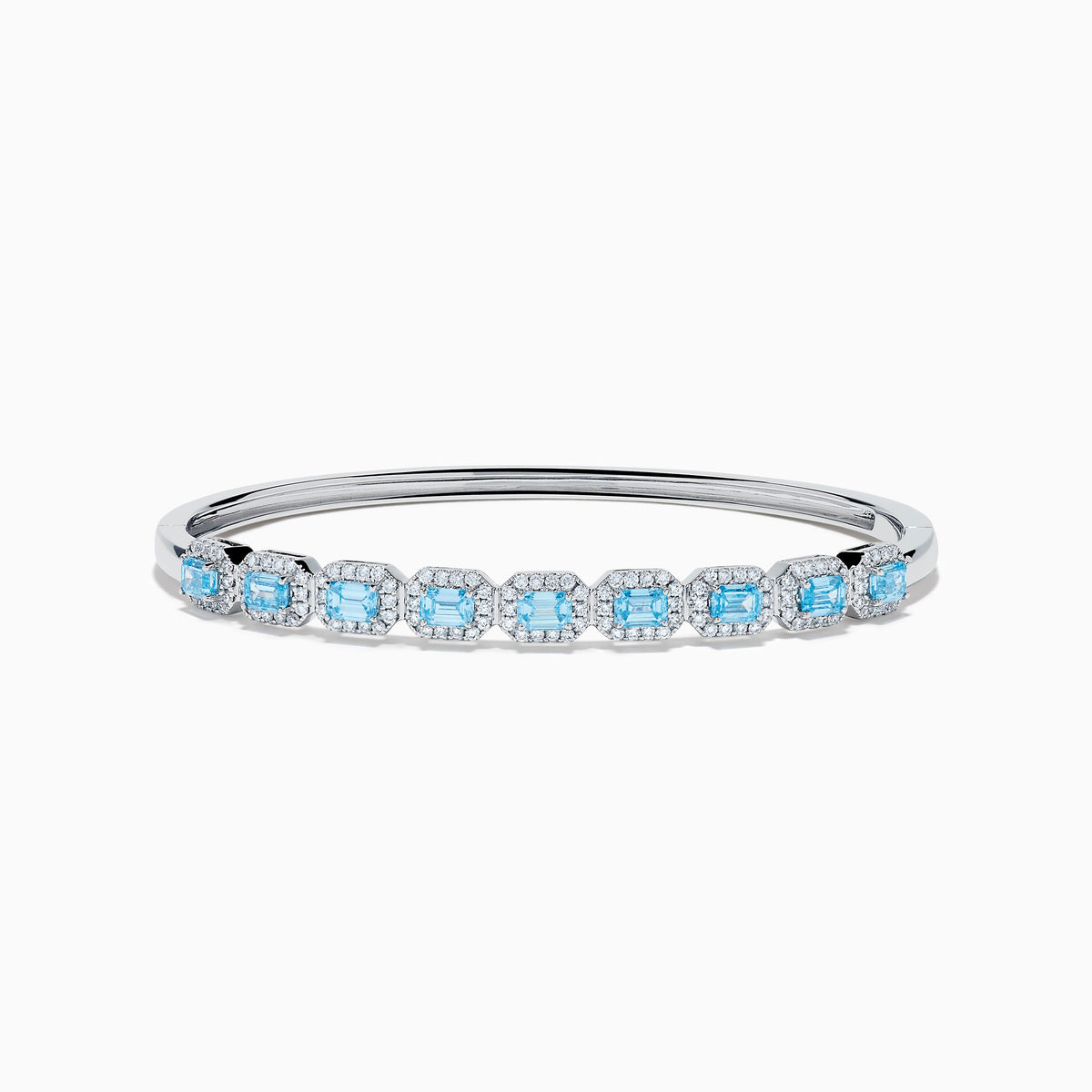 14K White Gold Lab Grown Blue Diamond and Lab Grown Diamond Emerald-Cut Halo Station Bangle