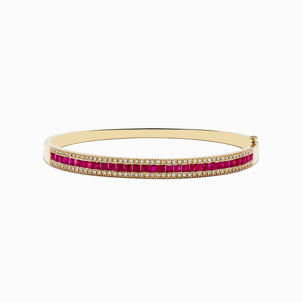 The 14K Yellow Gold Natural Ruby and Diamond Bangle, 3.60 TCW, features a central row of rubies bordered by two rows of round diamonds and is shown on a white background.