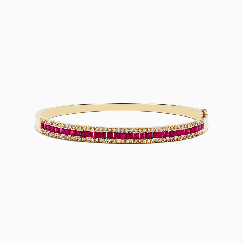 The 14K Yellow Gold Natural Ruby and Diamond Bangle, 3.60 TCW, features a central row of rubies bordered by two rows of round diamonds and is shown on a white background.