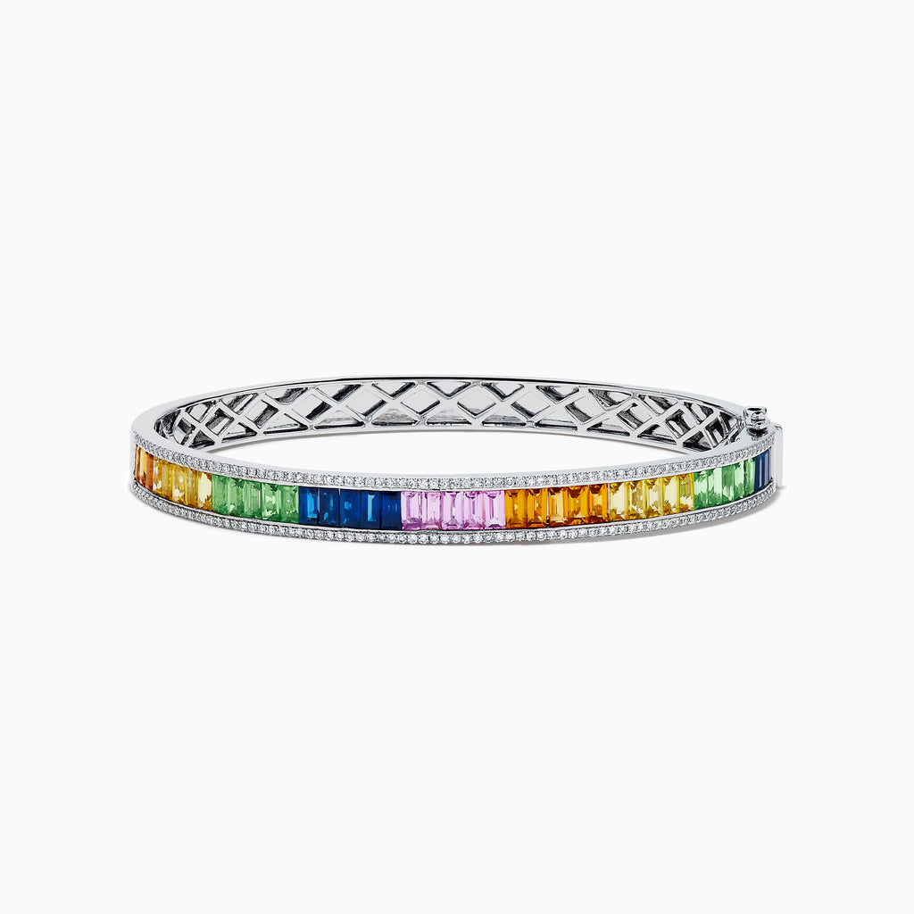 Watercolors 14K White Gold Multi Sapphire, Tsavorite and Diamond Rainbow Channel-Set Bangle