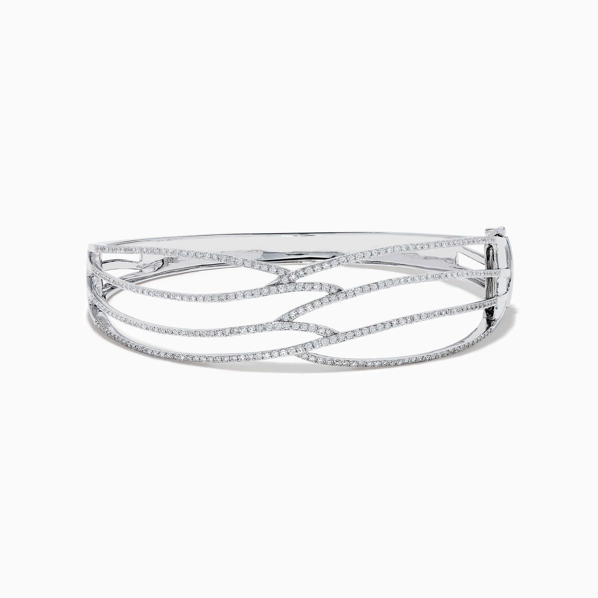 The 14K White Gold Pave Diamond Crisscross Bangle features an open, wavy design adorned with sparkling diamonds along the curves for an elegant, delicate look.