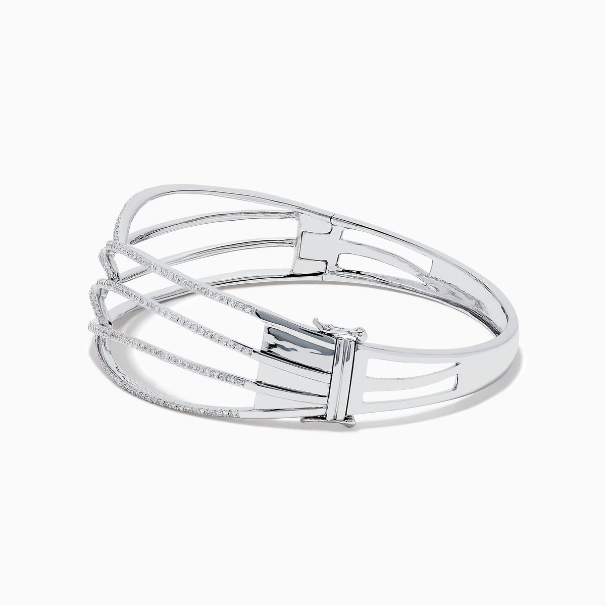 The 14K White Gold Pave Diamond Crisscross Bangle features an open, wavy design adorned with sparkling diamonds along the curves for an elegant, delicate look.