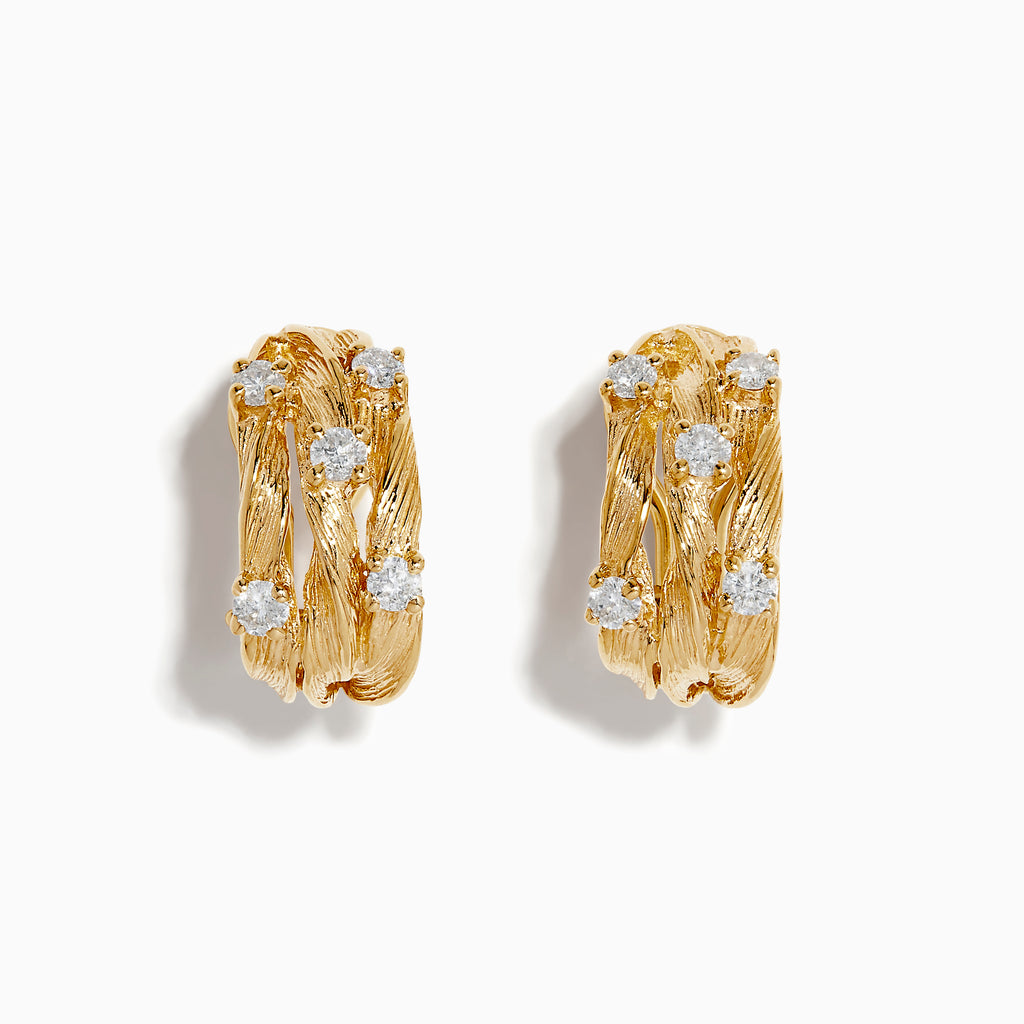 The DOro 14K Yellow Gold French Clip 3/4 Diamond Earrings (0.69 TCW) feature a textured, braided design with sparkling diamonds set in yellow gold, shown against a white background.