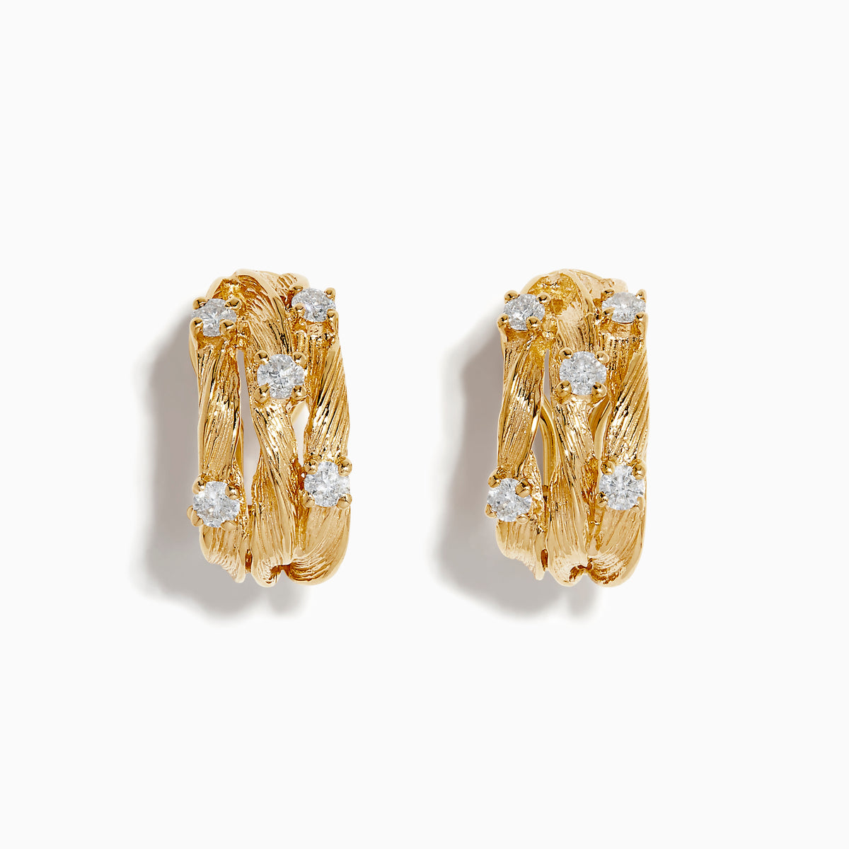The DOro 14K Yellow Gold French Clip 3/4 Diamond Earrings (0.69 TCW) feature a textured, braided design with sparkling diamonds set in yellow gold, shown against a white background.