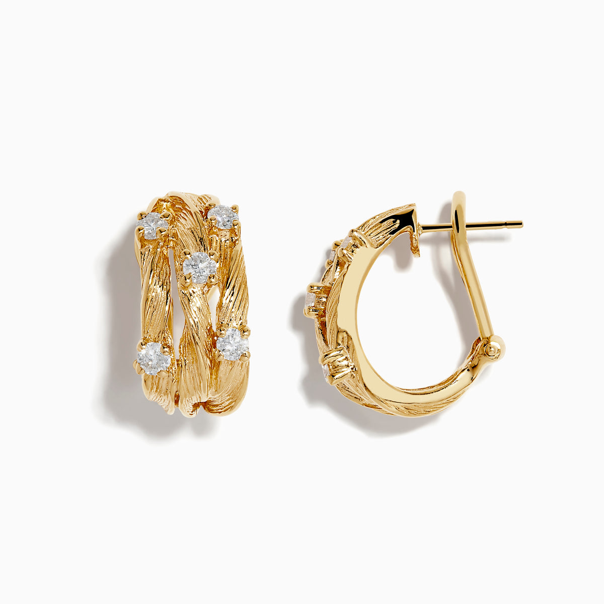 The DOro 14K Yellow Gold French Clip 3/4 Diamond Earrings (0.69 TCW) feature a textured, braided design with sparkling diamonds set in yellow gold, shown against a white background.