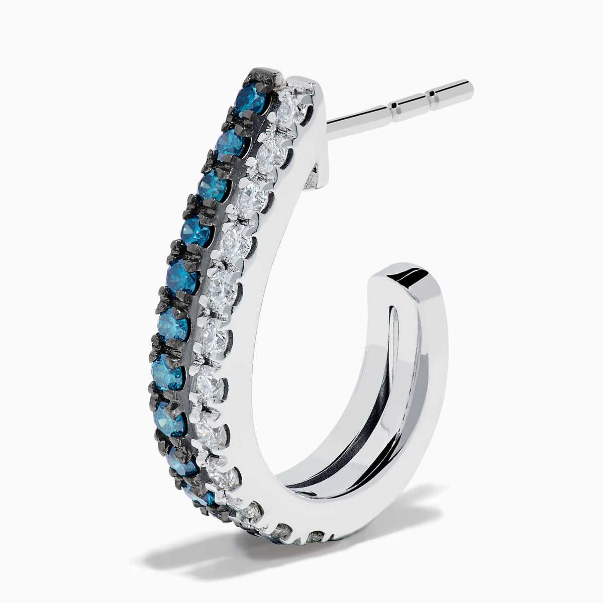 14K White Gold Blue and White Diamond Pave Double-Row Huggie Earrings