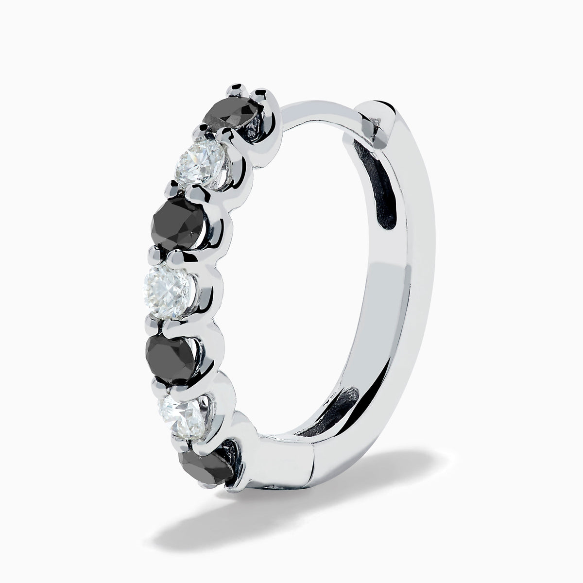 14K White Gold Black and White Diamond Alternating Huggie Earrings
