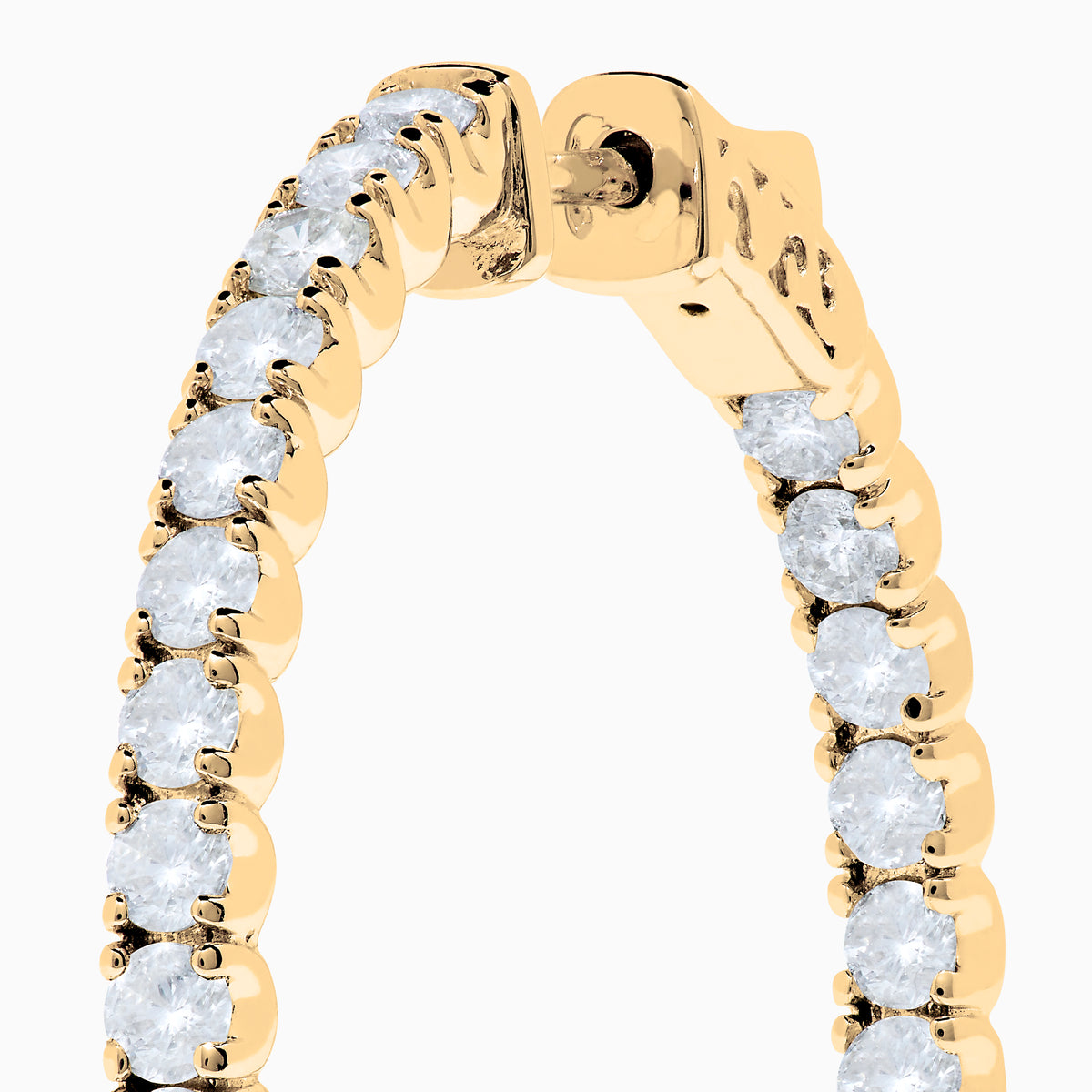 The 14K Yellow Gold Inside Out Diamond Hoop Earrings feature a single row of small round diamonds totaling 2.00 TCW, displayed against a plain white background.