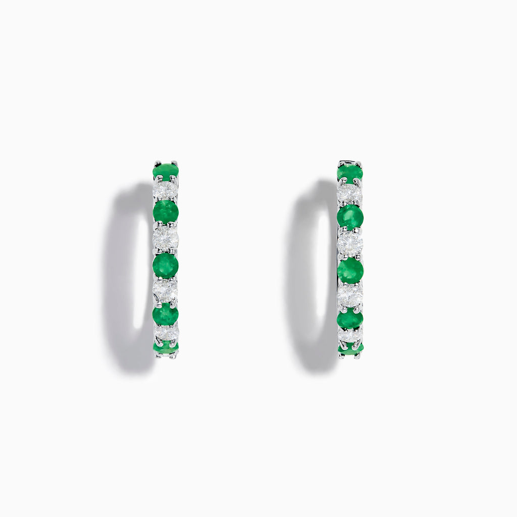 The 14K White Gold Emerald & Diamond Hoop Earrings, 1.35 TCW, feature alternating round emeralds and diamonds, showcased on a white background.