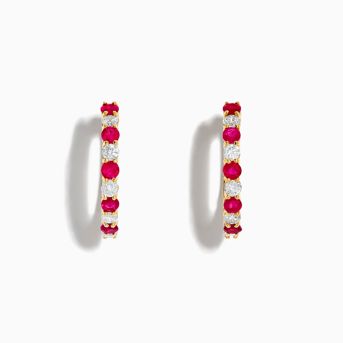 14K Yellow Gold Ruby & Diamond Hoop Earrings, 1.35 TCW, featuring alternating round white diamonds and vivid pink rubies, displayed against a white background.
