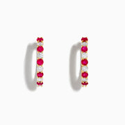 14K Yellow Gold Ruby & Diamond Hoop Earrings, 1.35 TCW, featuring alternating round white diamonds and vivid pink rubies, displayed against a white background.