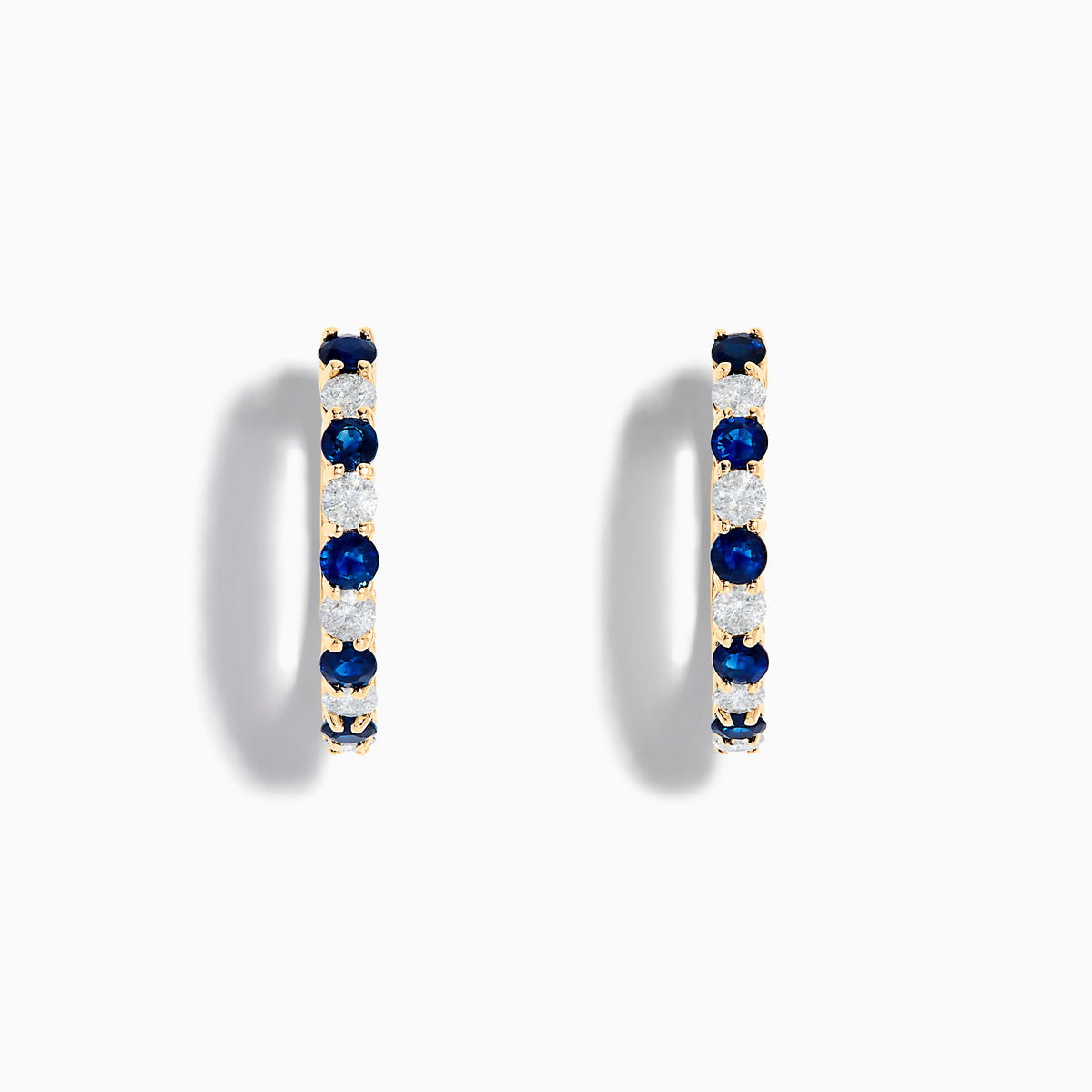 14K Yellow Gold Blue Sapphire & Diamond Hoop Earrings, 1.35 TCW, featuring alternating round blue sapphires and clear diamonds, shown against a plain white background.