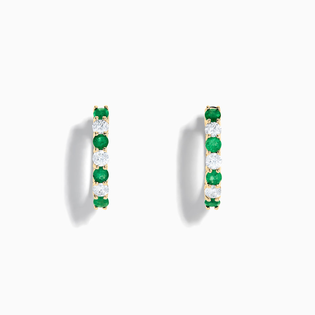 14K Yellow Gold Emerald & Diamond Hoop Earrings, 1.10 TCW, featuring alternating emerald and diamond stones, are shown on a white background with soft shadows.