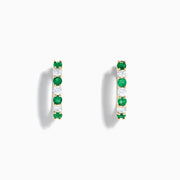 14K Yellow Gold Emerald & Diamond Hoop Earrings, 1.10 TCW, featuring alternating emerald and diamond stones, are shown on a white background with soft shadows.