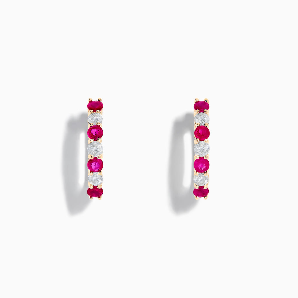 14K yellow gold hoop earrings featuring alternating round rubies and diamonds (1.10 TCW), shown on a white background.