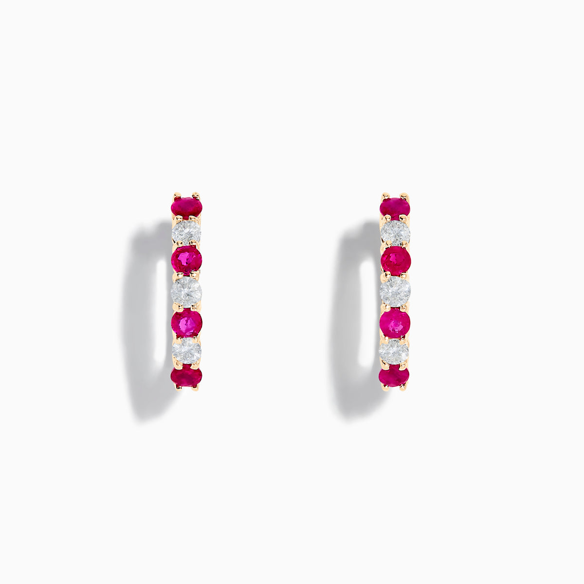 14K yellow gold hoop earrings featuring alternating round rubies and diamonds (1.10 TCW), shown on a white background.