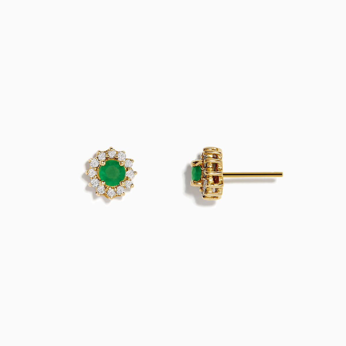 A pair of 14K Yellow Gold Emerald and Diamond Stud Earrings (0.72 TCW) with round emerald centers and a halo of diamonds, displayed on a white background.