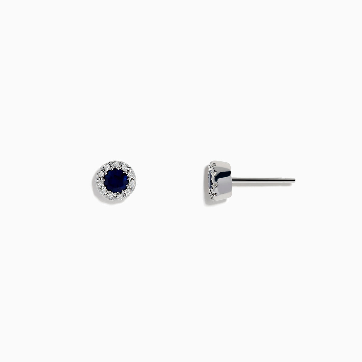 The Royale Bleu 14K White Gold Sapphire & Diamond Stud Earrings, 0.47 TCW, feature round dark blue sapphires encircled by a halo of diamonds, displayed against a plain white background.