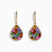 Watercolors 14K Yellow Gold Multi Sapphire and Diamond Earrings feature gold teardrops set with pink, green, orange, and blue sapphires accented by small diamonds, displayed on a white background.