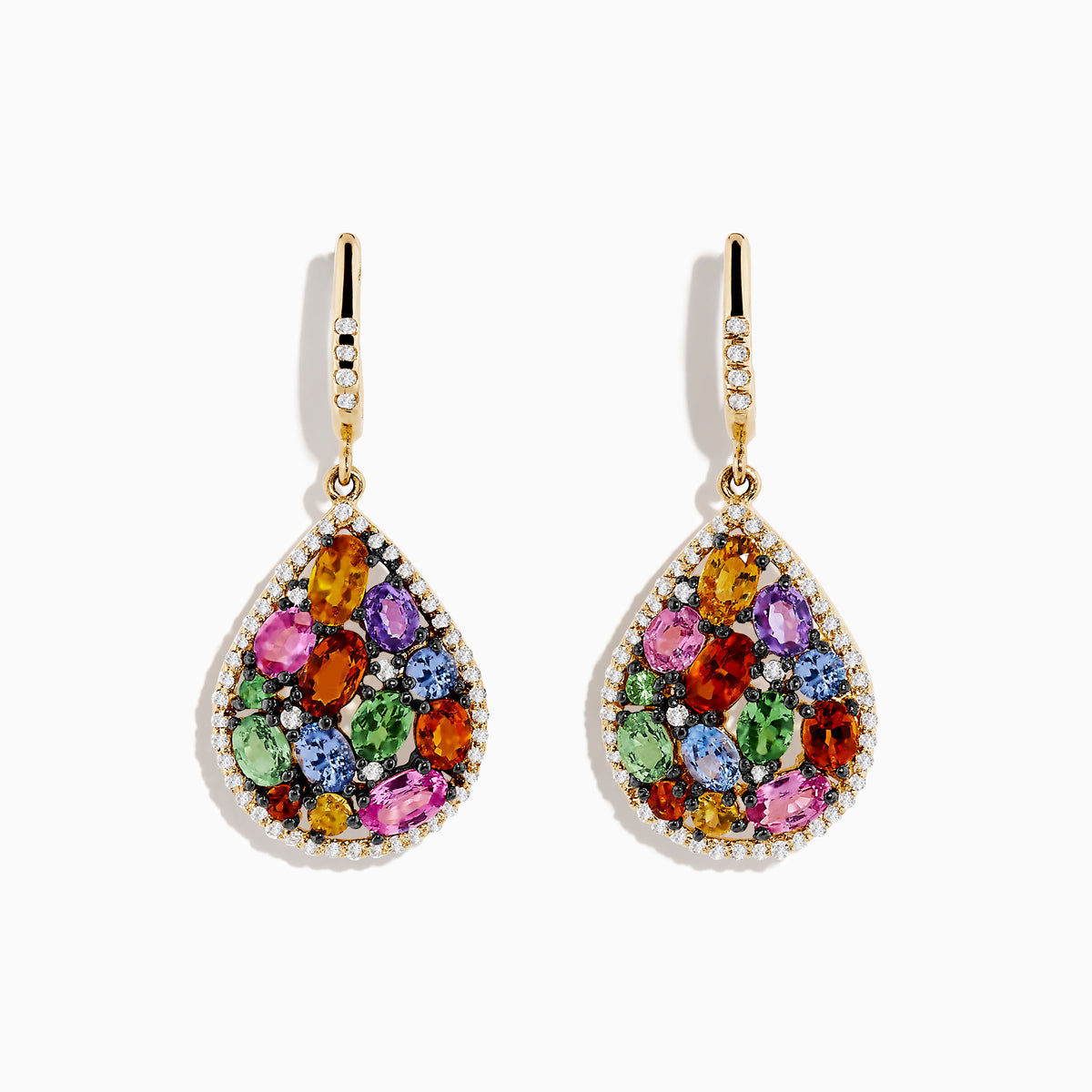 Watercolors 14K Yellow Gold Multi Sapphire and Diamond Earrings feature gold teardrops set with pink, green, orange, and blue sapphires accented by small diamonds, displayed on a white background.