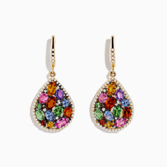 Watercolors 14K Yellow Gold Multi Sapphire and Diamond Earrings feature gold teardrops set with pink, green, orange, and blue sapphires accented by small diamonds, displayed on a white background.