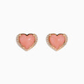 The 14K Rose Gold Pink Opal and Diamond Heart Stud Earrings feature pink heart-shaped centers accented with sparkling diamonds, shown on a white background.