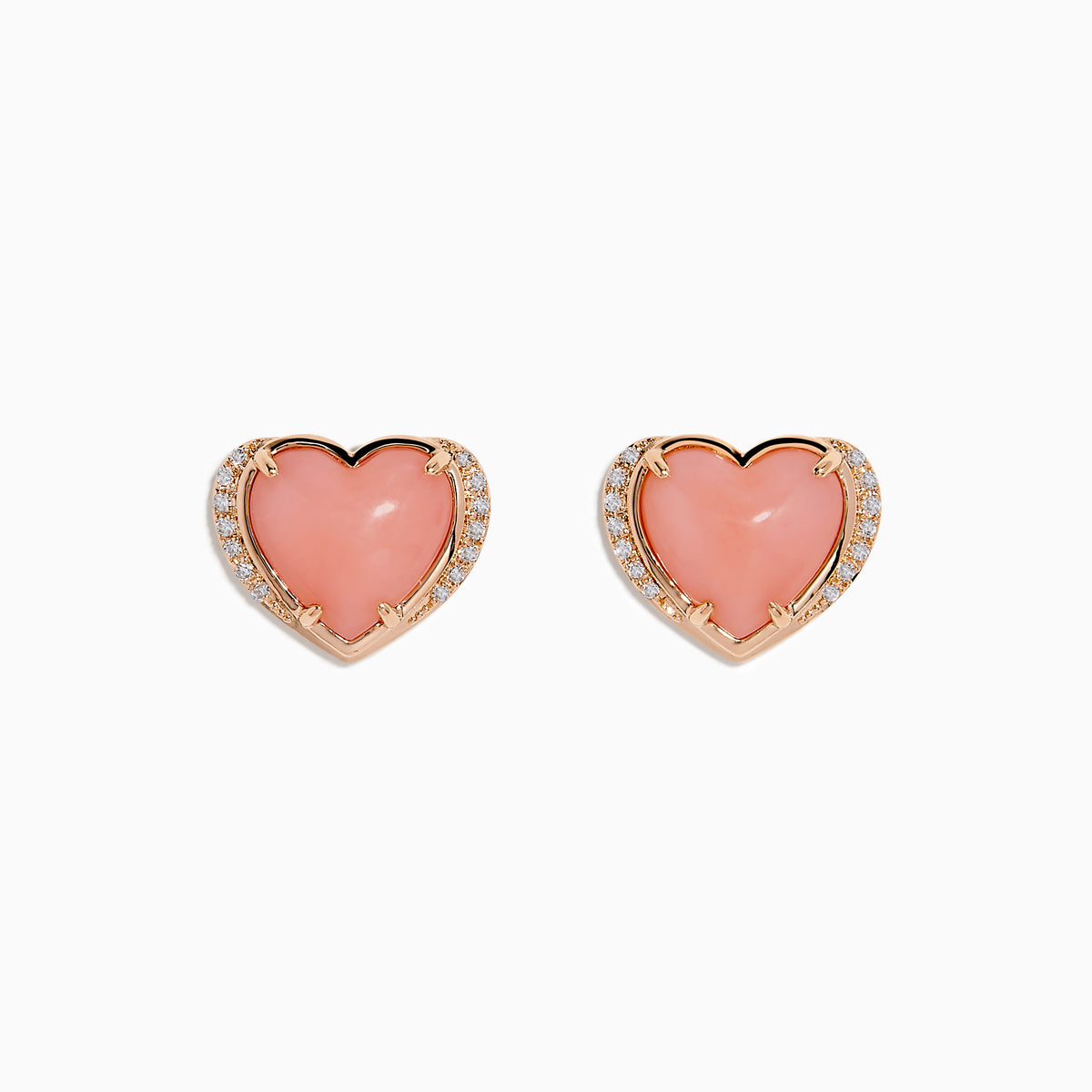 The 14K Rose Gold Pink Opal and Diamond Heart Stud Earrings feature pink heart-shaped centers accented with sparkling diamonds, shown on a white background.