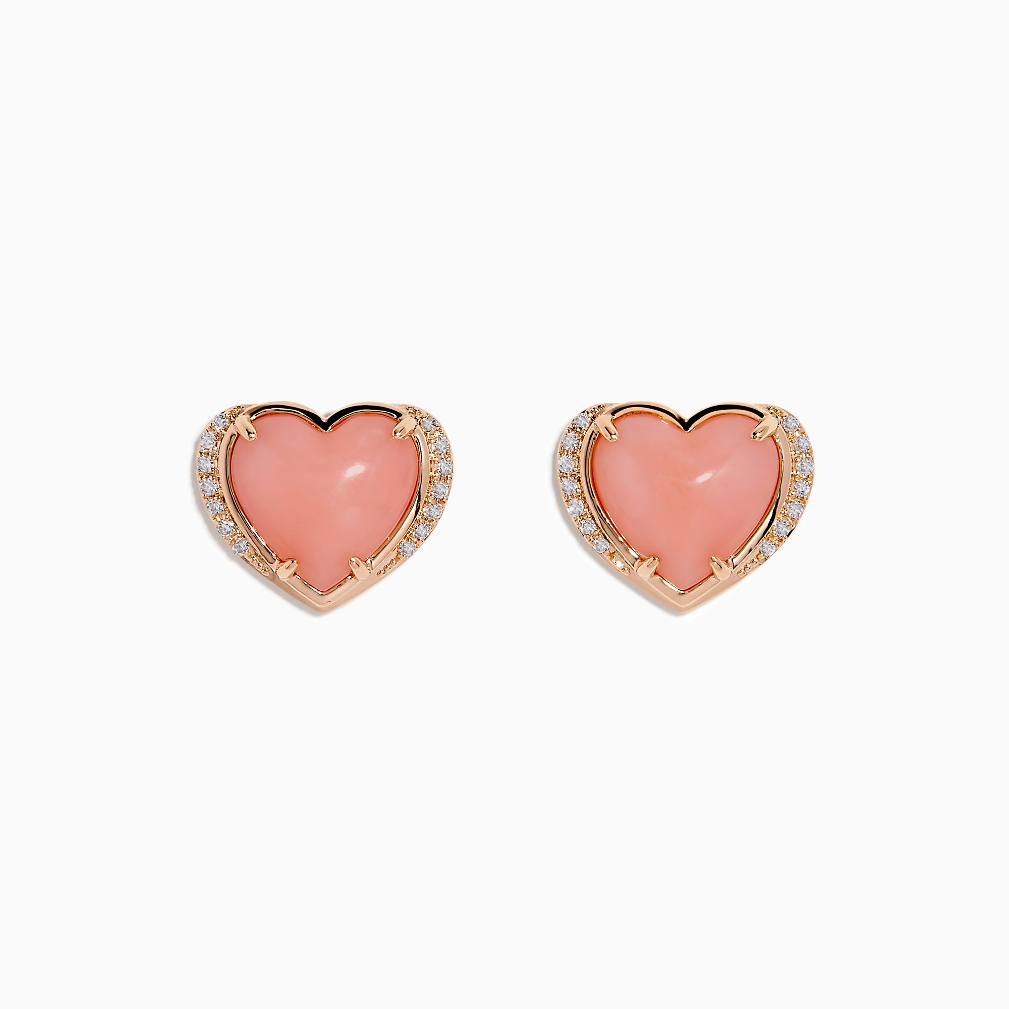 The 14K Rose Gold Pink Opal and Diamond Heart Stud Earrings feature pink heart-shaped centers accented with sparkling diamonds, shown on a white background.