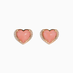 The 14K Rose Gold Pink Opal and Diamond Heart Stud Earrings feature pink heart-shaped centers accented with sparkling diamonds, shown on a white background.