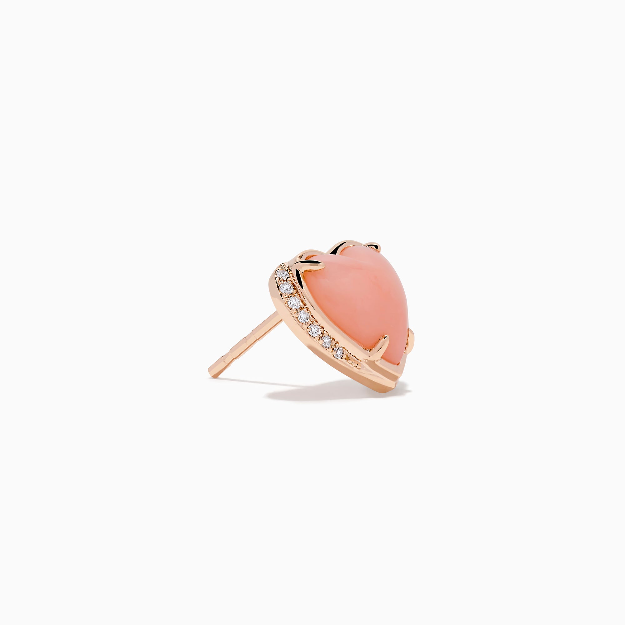 The 14K Rose Gold Pink Opal and Diamond Heart Stud Earrings feature pink heart-shaped centers accented with sparkling diamonds, shown on a white background.