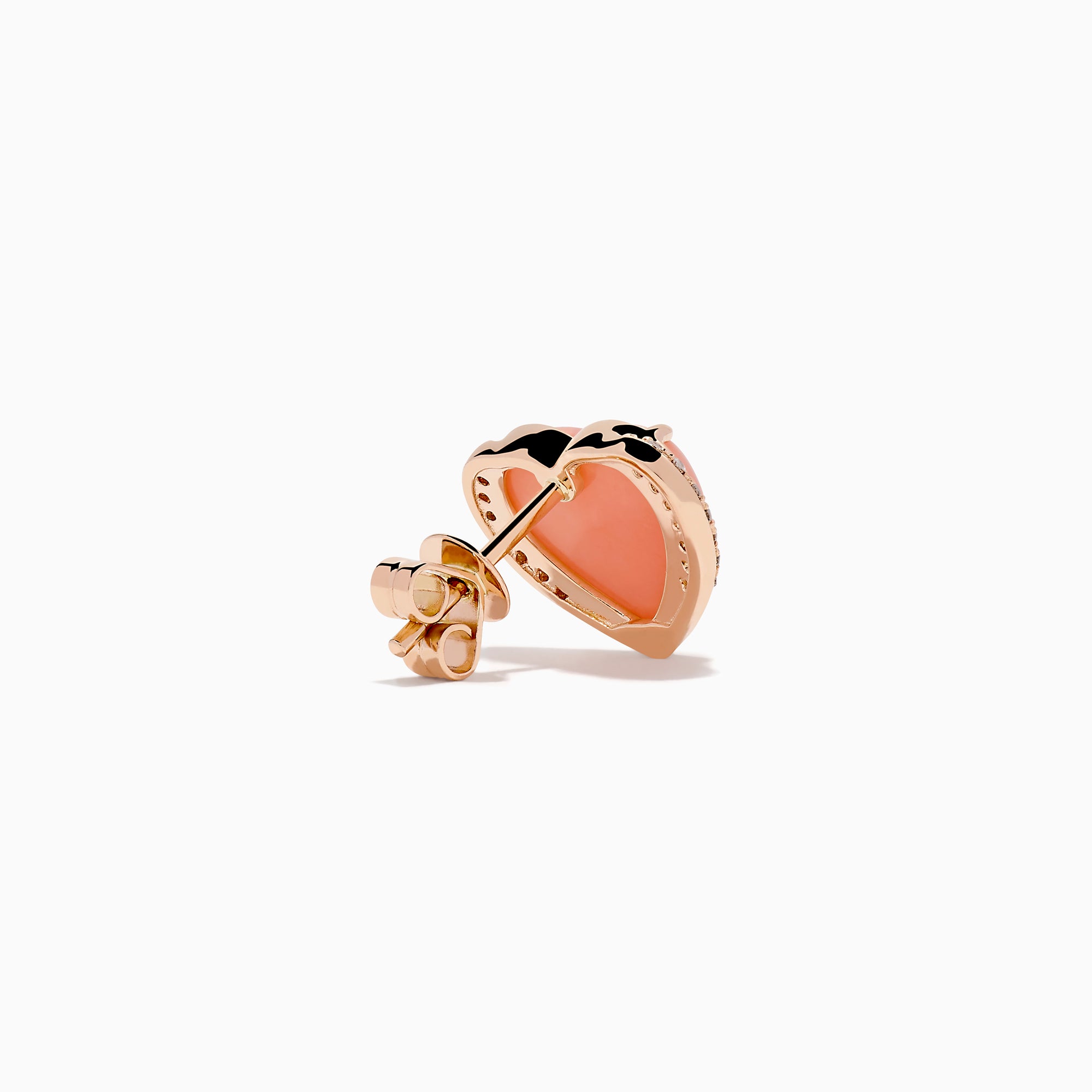 The 14K Rose Gold Pink Opal and Diamond Heart Stud Earrings feature pink heart-shaped centers accented with sparkling diamonds, shown on a white background.