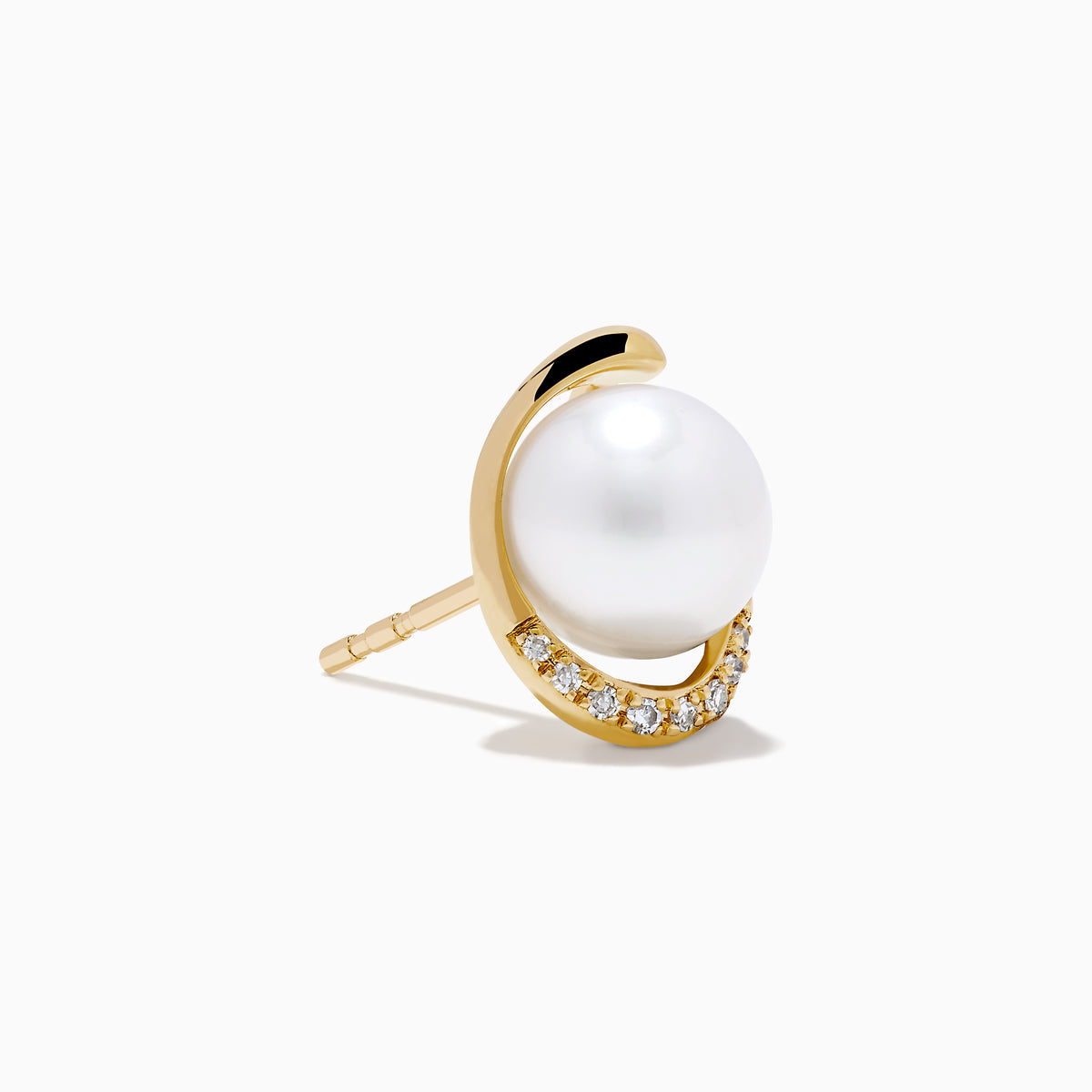 14K Yellow Gold Cultured Pearl and Diamond Stud Earrings featuring round cultured pearls at the center and a curved row of sparkling diamonds on one side, shown against a plain white background.