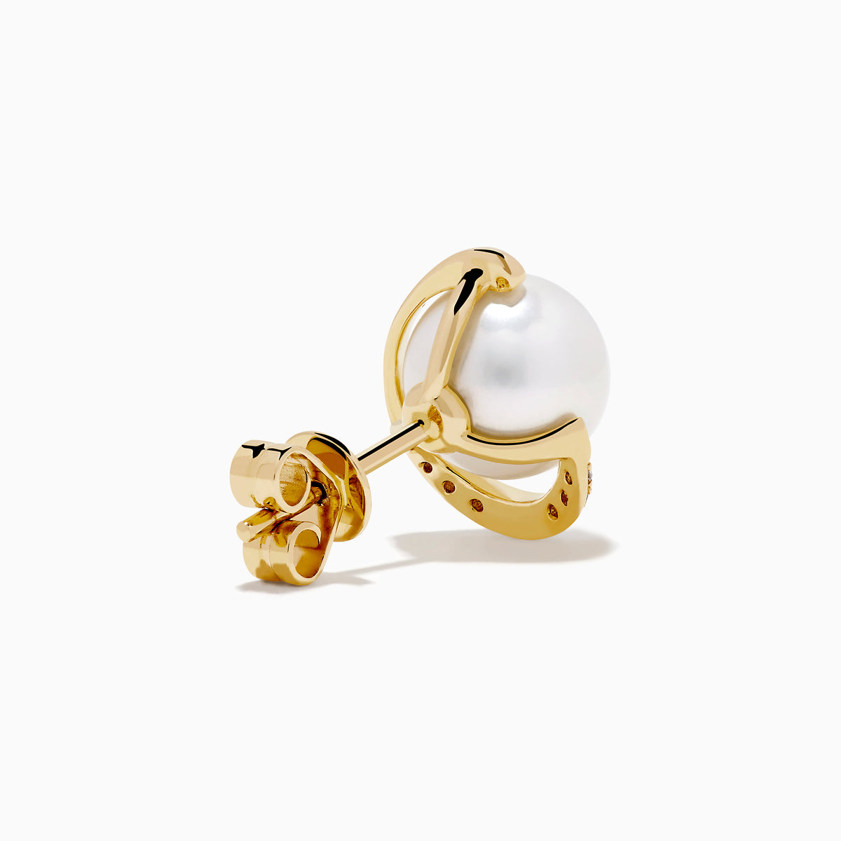 14K Yellow Gold Cultured Pearl and Diamond Stud Earrings featuring round cultured pearls at the center and a curved row of sparkling diamonds on one side, shown against a plain white background.
