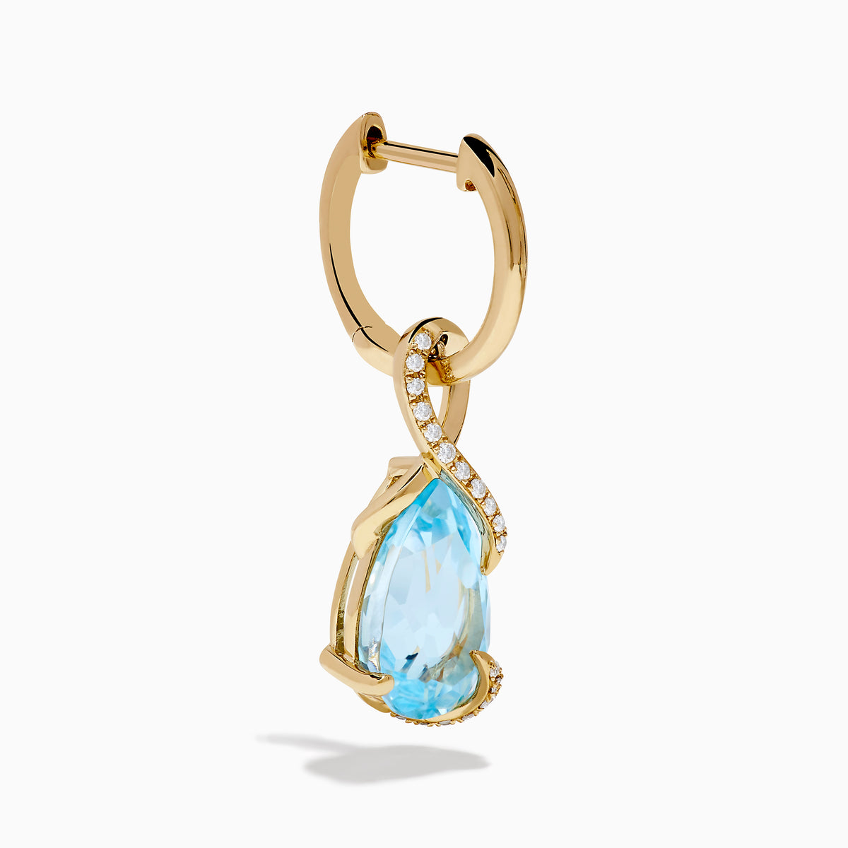 Ocean Bleu 14K Yellow Gold Blue Topaz and Diamond Pear Dangle Earrings feature teardrop-shaped blue topaz gemstones accented with a curved line of sparkling diamonds.