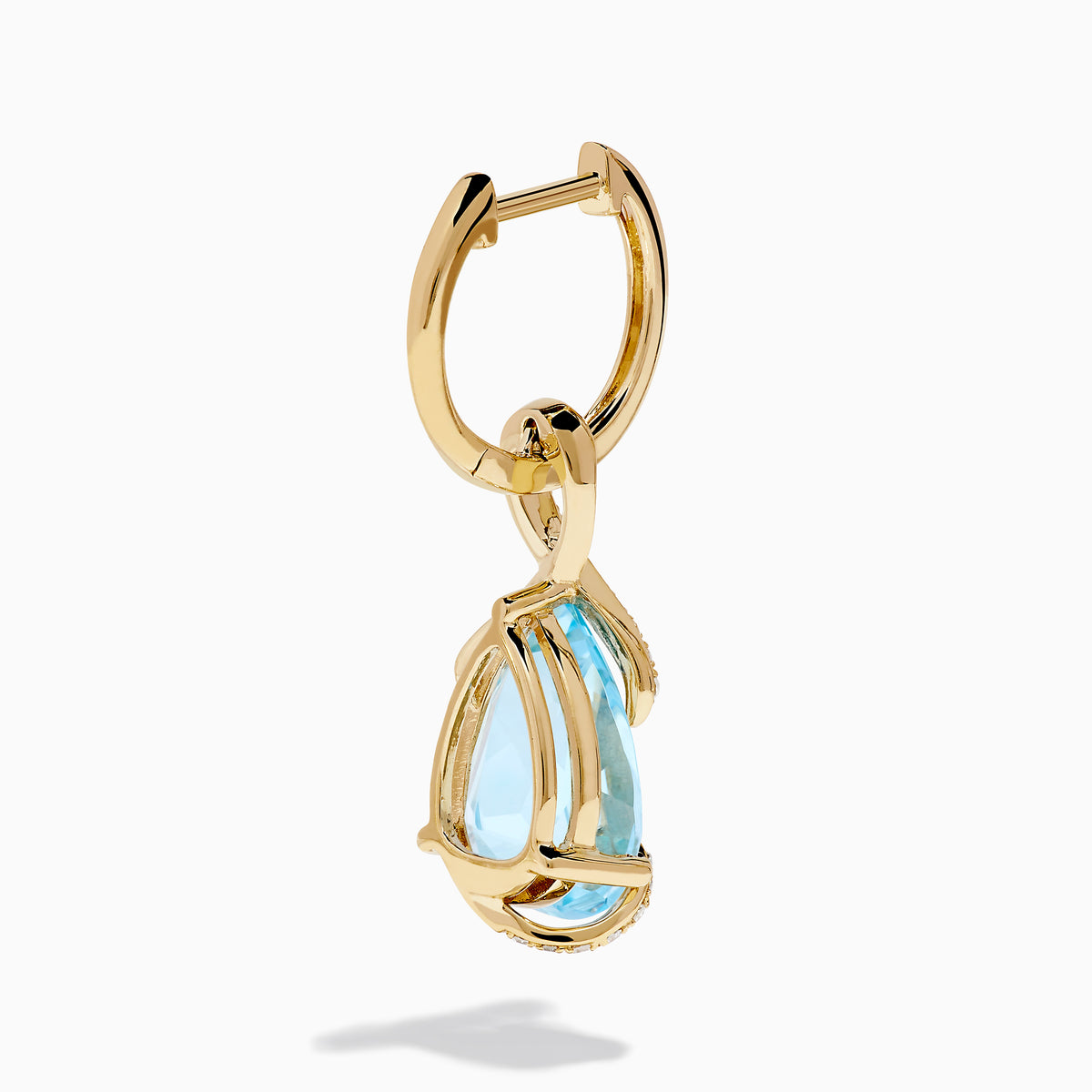 Ocean Bleu 14K Yellow Gold Blue Topaz and Diamond Pear Dangle Earrings feature teardrop-shaped blue topaz gemstones accented with a curved line of sparkling diamonds.