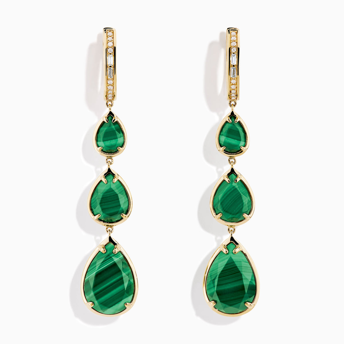 The 14K Yellow Gold Malachite and Diamond Linear Drop Pear Earring features three vertically arranged, teardrop-shaped green malachite stones in gold bezels, accented with diamonds and displayed on a white background.