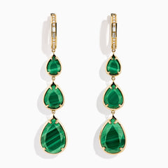 The 14K Yellow Gold Malachite and Diamond Linear Drop Pear Earring features three vertically arranged, teardrop-shaped green malachite stones in gold bezels, accented with diamonds and displayed on a white background.