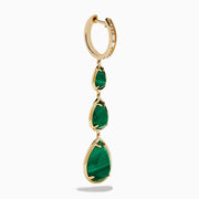 The 14K Yellow Gold Malachite and Diamond Linear Drop Pear Earring features three vertically arranged, teardrop-shaped green malachite stones in gold bezels, accented with diamonds and displayed on a white background.