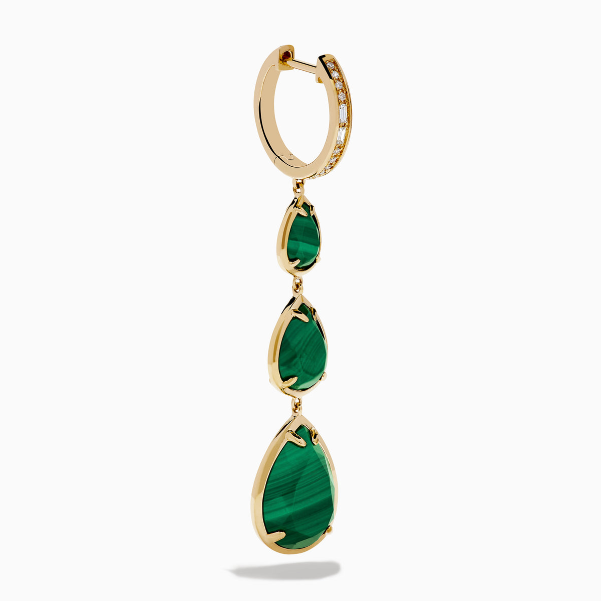 The 14K Yellow Gold Malachite and Diamond Linear Drop Pear Earring features three vertically arranged, teardrop-shaped green malachite stones in gold bezels, accented with diamonds and displayed on a white background.