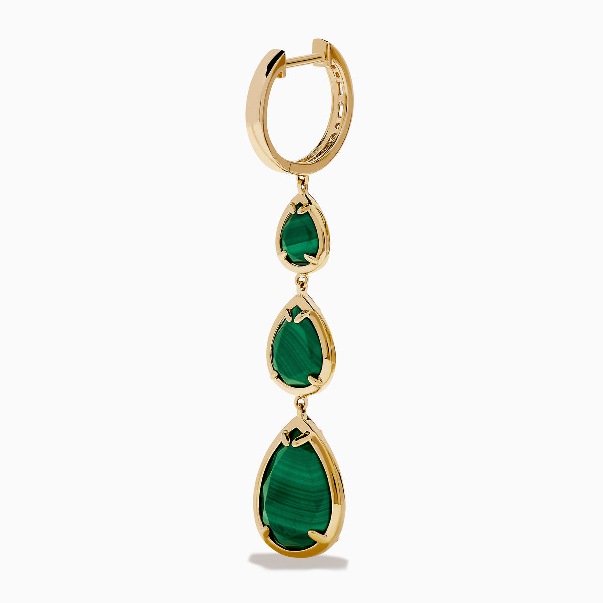 The 14K Yellow Gold Malachite and Diamond Linear Drop Pear Earring features three vertically arranged, teardrop-shaped green malachite stones in gold bezels, accented with diamonds and displayed on a white background.