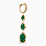 The 14K Yellow Gold Malachite and Diamond Linear Drop Pear Earring features three vertically arranged, teardrop-shaped green malachite stones in gold bezels, accented with diamonds and displayed on a white background.