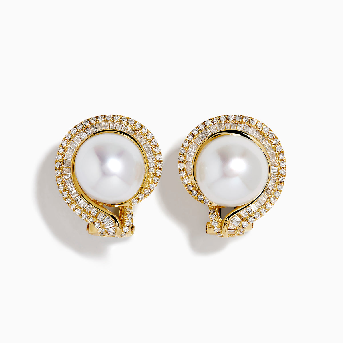 The 14K Yellow Gold Cultured Pearl and Diamond Stud Earrings showcase large round cultured pearls at the center, encircled by a double halo of sparkling diamonds, all displayed against a white background.