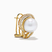 The 14K Yellow Gold Cultured Pearl and Diamond Stud Earrings showcase large round cultured pearls at the center, encircled by a double halo of sparkling diamonds, all displayed against a white background.